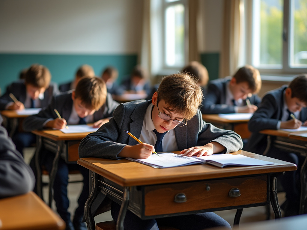 A boy at a desk taking a school exam