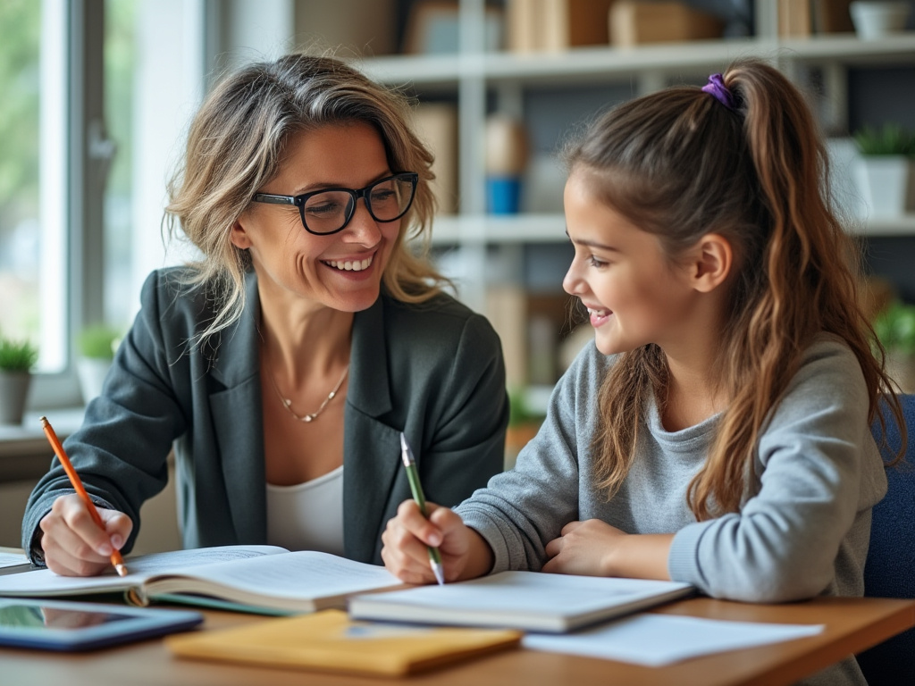IMG_9282 A woman next to a child at a table smiling, they are in a learning environment and look happy