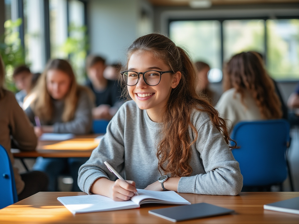 A young woman smiling, she is writing in a book and is wearing glasses