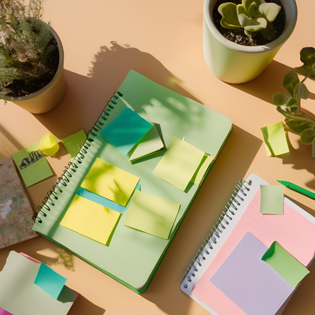 Untitled design Two note pads on a table surrounded by green plants, in a study environment