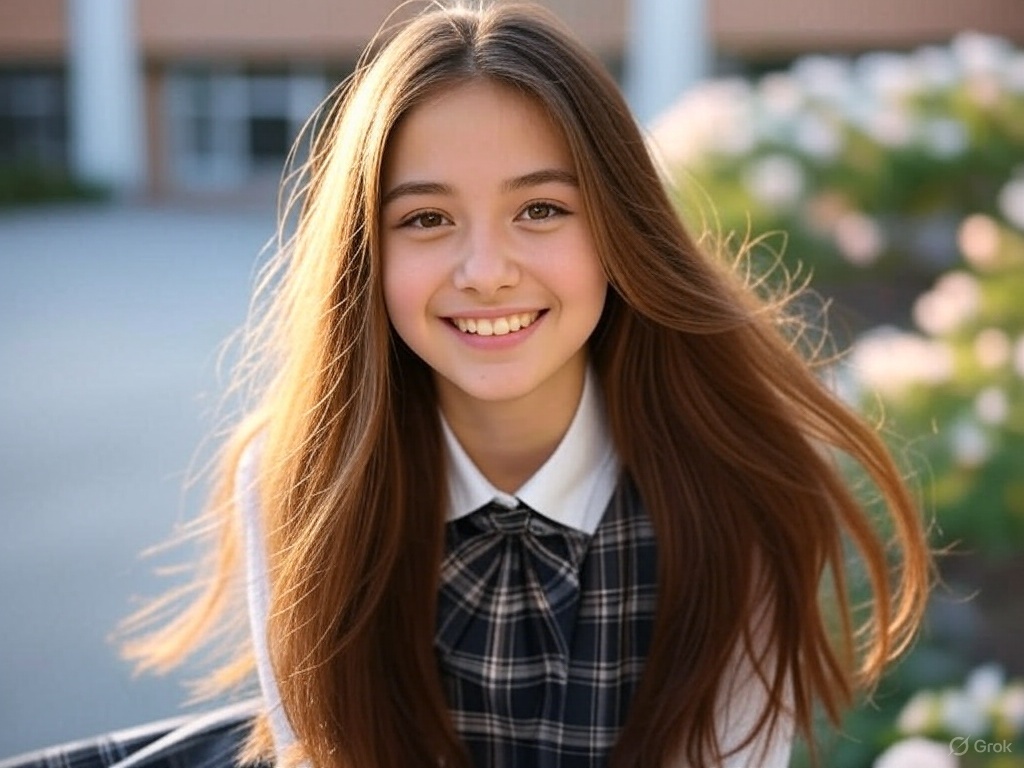 IMG_0737 A pretty girl in school uniform standing outside by a playground