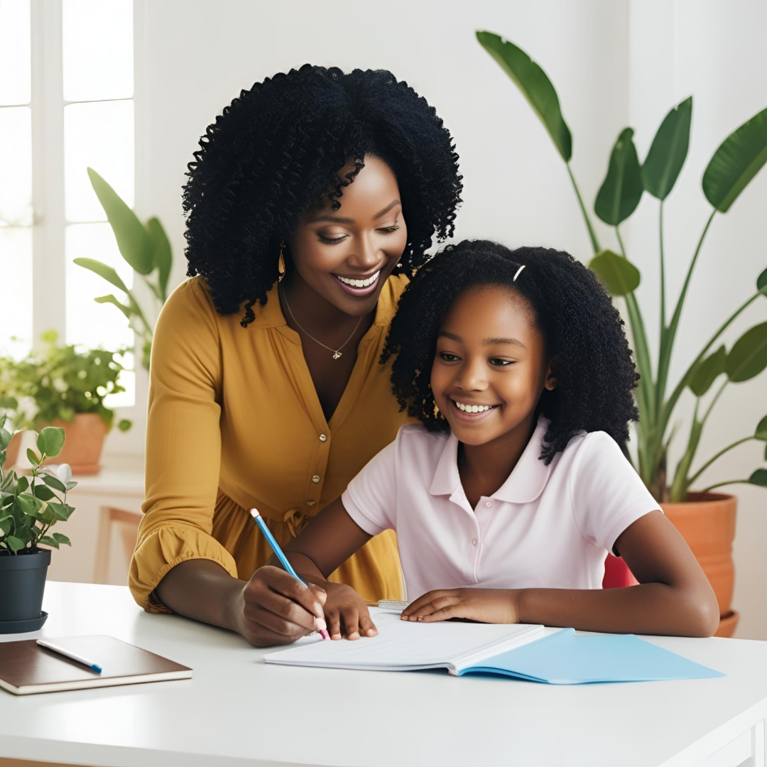 Untitled design A black mother helping her black daughter with school work at a desk in a sunlit room