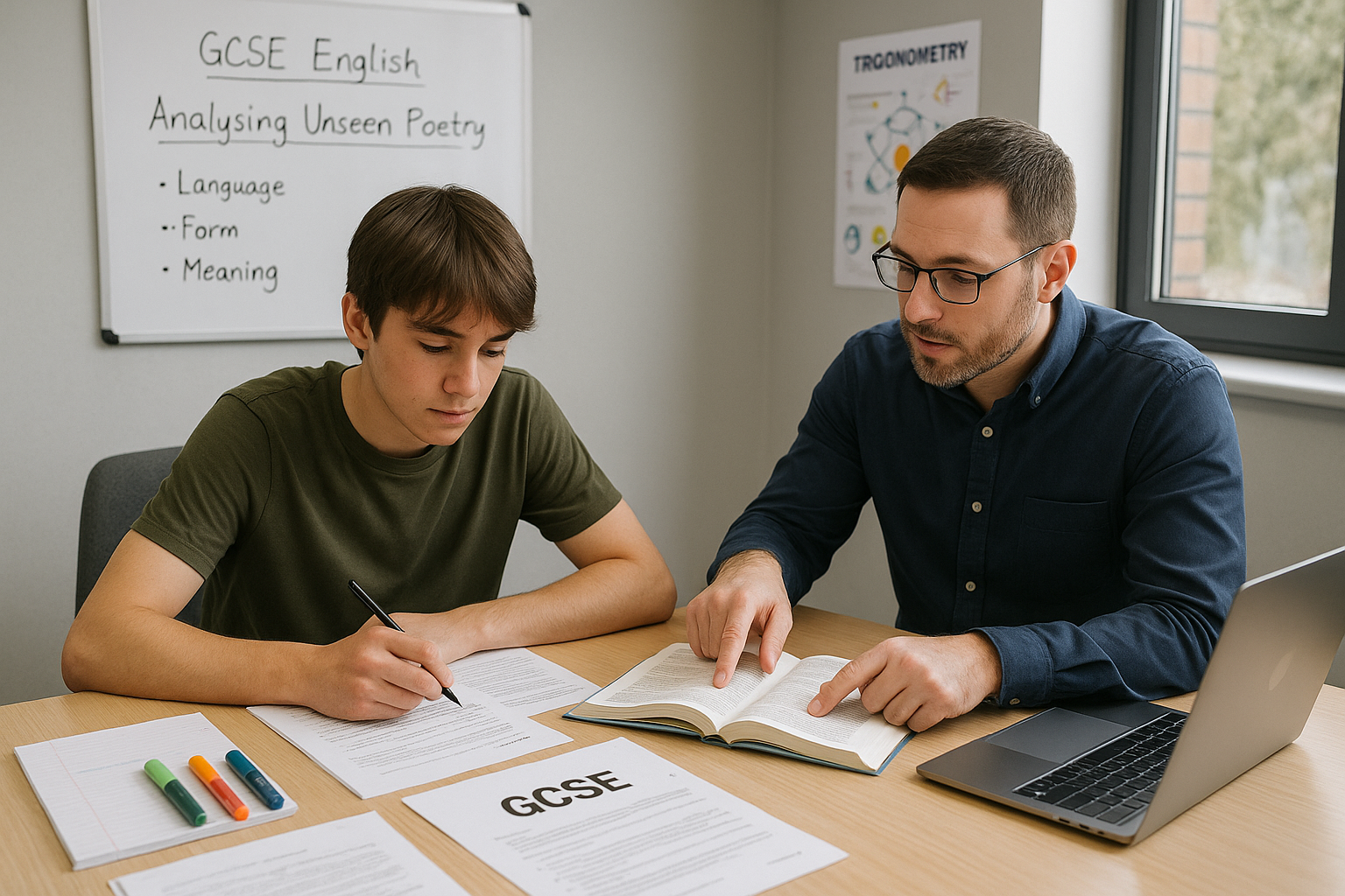 An English tutor, tutoring a teenage boy.