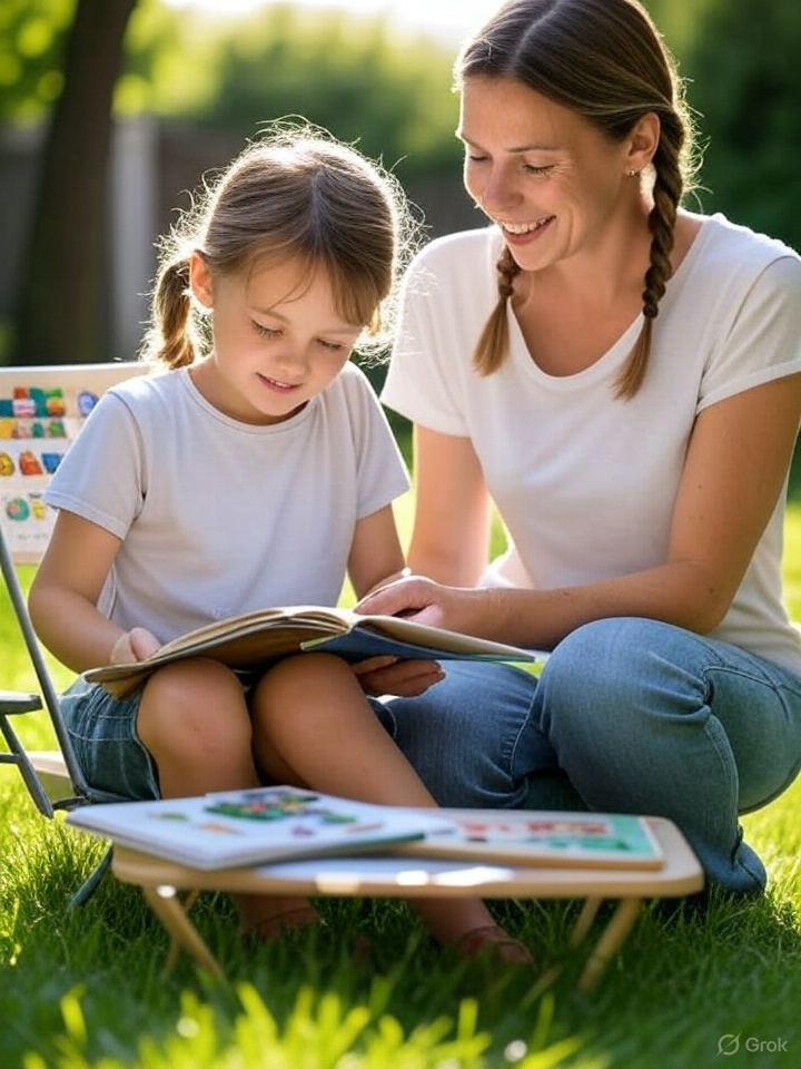 A mother having fun teaching her child outdoors in the summer