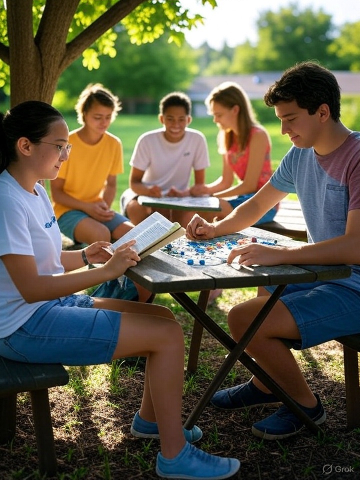 A group of teenagers having fun, studying together in nature on a sunny day