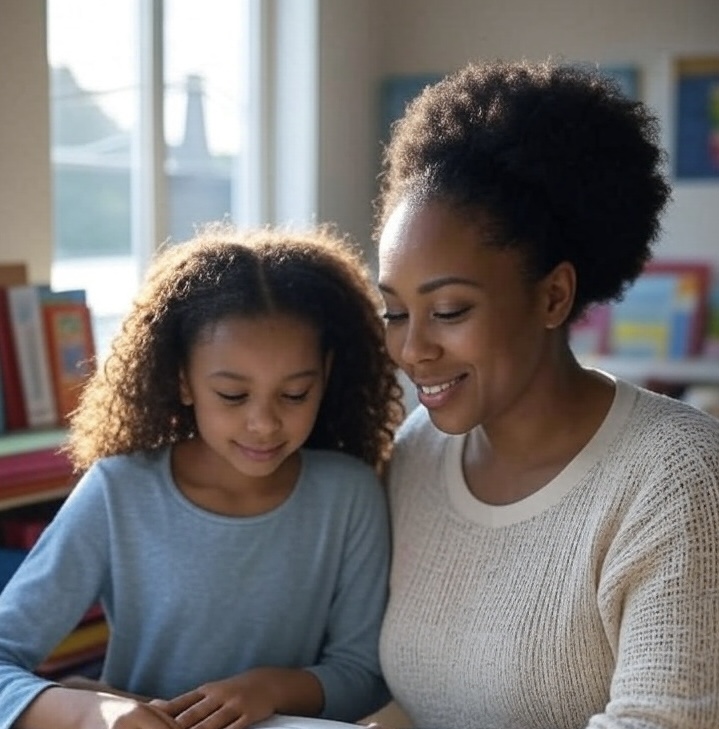 A black mother tutoring her child in a cozy environment