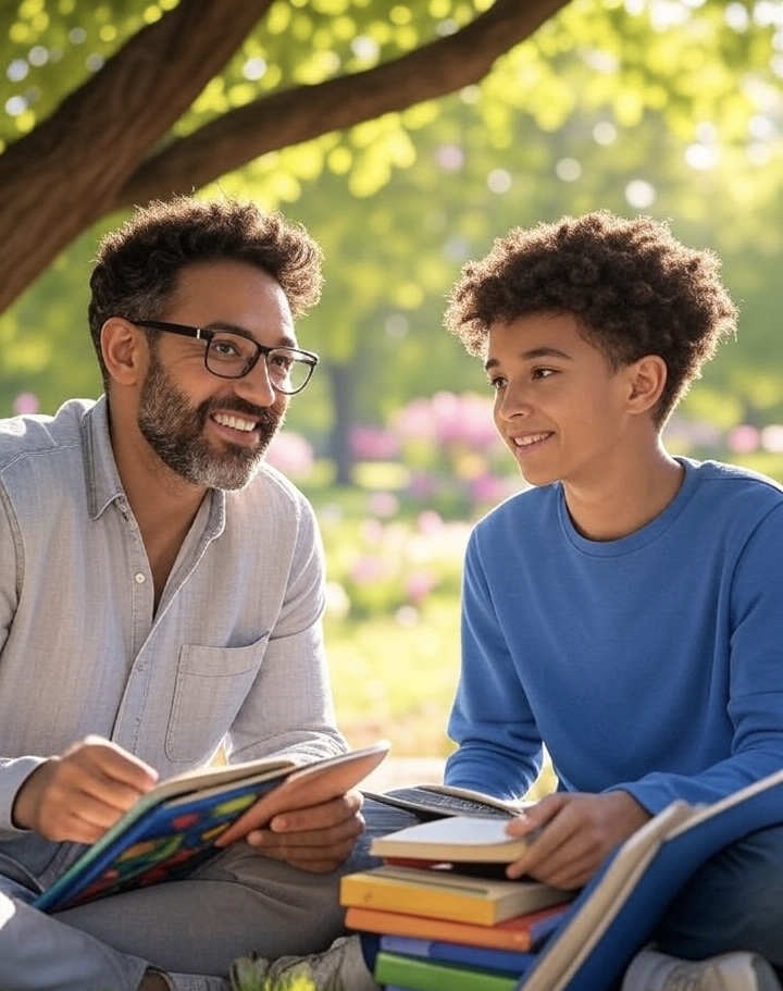 IMG_0927 A male tutor tutoring a boy outdoors in a summer setting