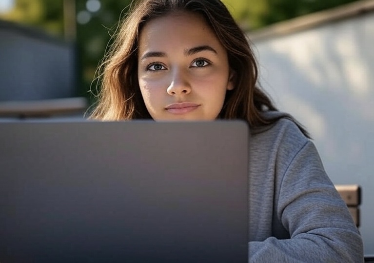 A pretty teenage girl with long dark hair sitting in front of a laptop