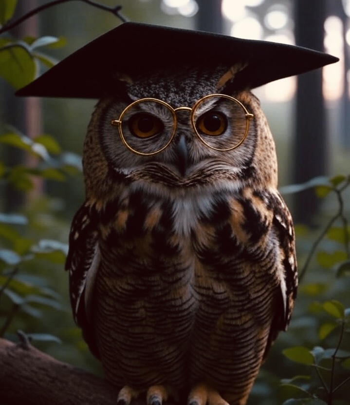 A photo of an owl wearing an academic hat and glasses