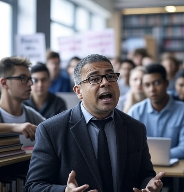 A University lecturer speaking to a room full of students