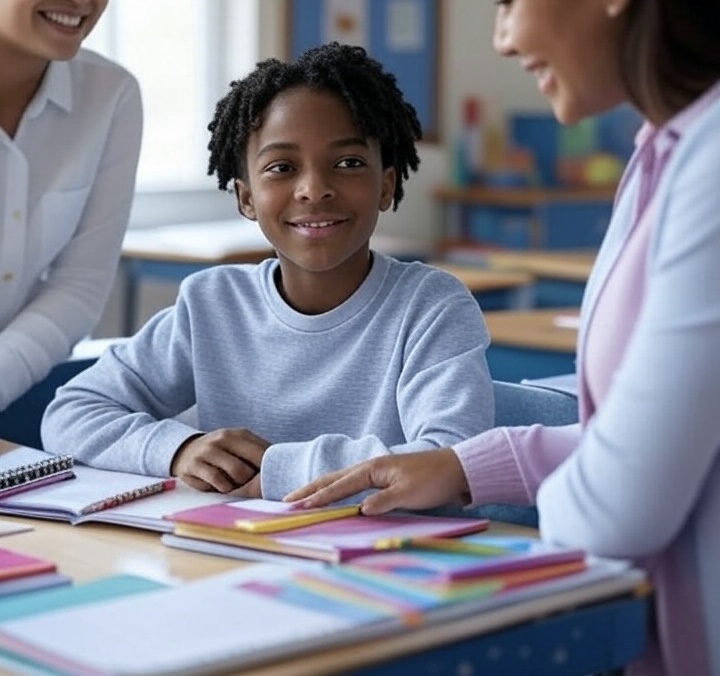 A black boy at a desk wearing a long sleeved blue t shirt