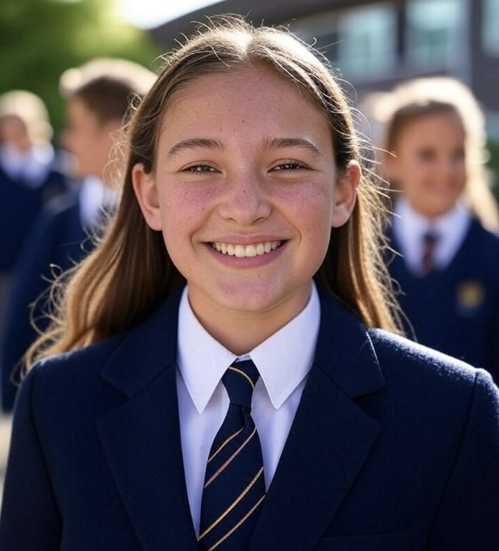 A year 7 pupil in school uniform smiling outside secondary school