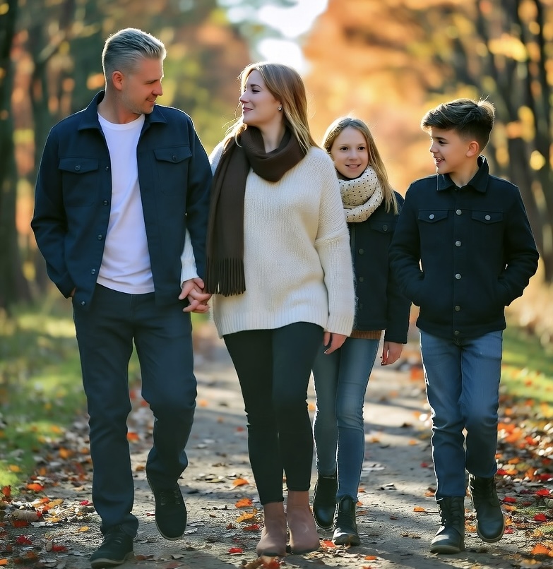Parents and children taking a relaxing Autumn stroll on a woodland trail