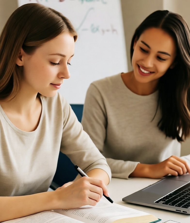 A friendly science tutor, tutoring an A-level aged teenage girl